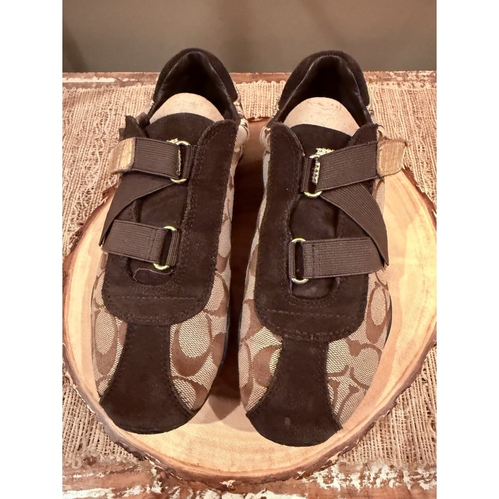 Coach Kyrie Signature Logo Canvas Suede Athletic Sneaker Women's 6.5M Brown Gold - Picture 8 of 16